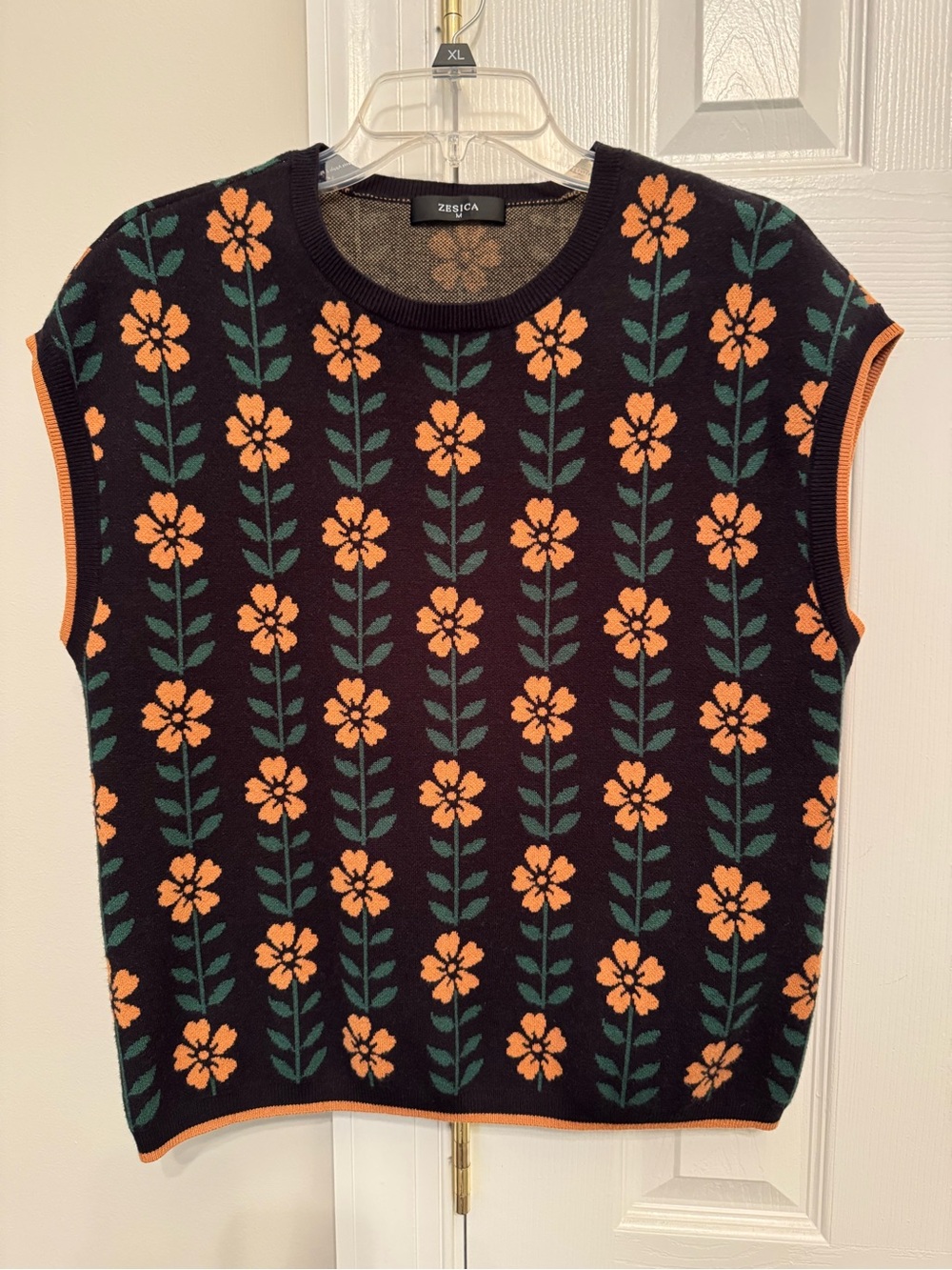 Zesica Black Floral Knit Shell with Orange Flowers